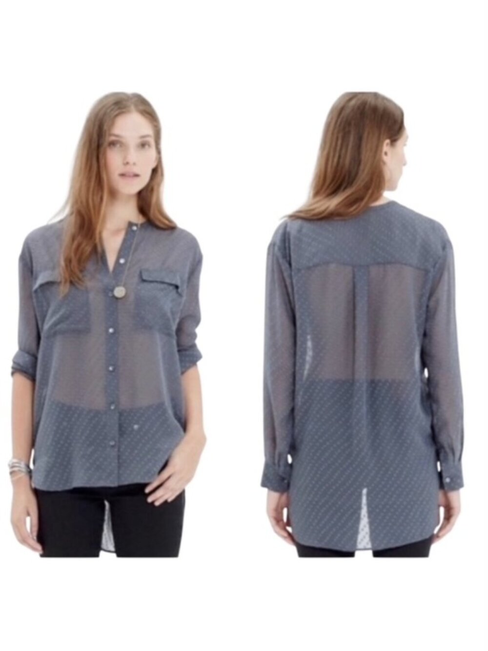 Madewell Small Ice Leaf Grey Swiss Dot Long Sleeve Simi Sheer Button Down Blouse